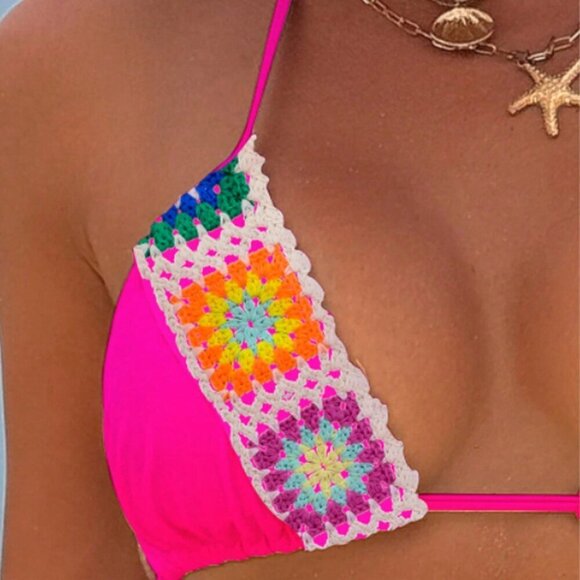 Hot Pink Women's Beach Holiday Floral Halter Bikini Set - Picture 8 of 8